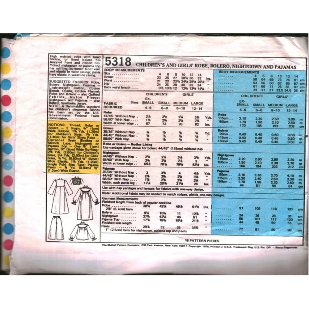 Vintage 1976 McCall's 5318 Girls Robe Bolero Nightgown Pajamas Pattern XS 4-6